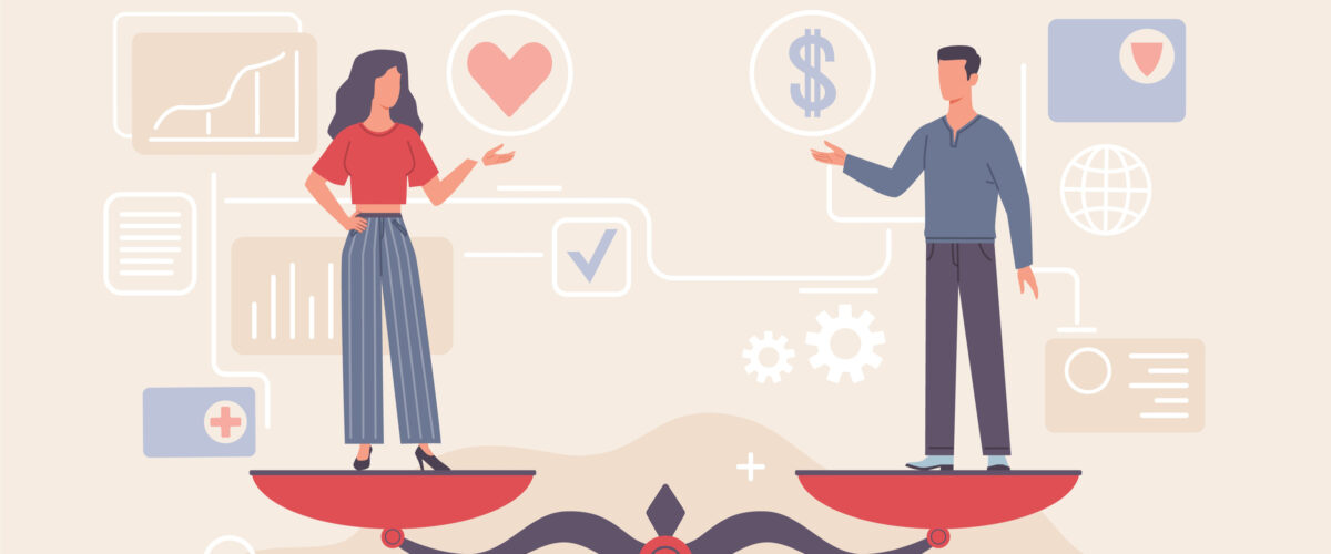 Gender equality scales. Cute man and woman standing on bowls of weight measuring equipment. Different values comparison. Professional balance. Equivalent male and female employment. Vector concept