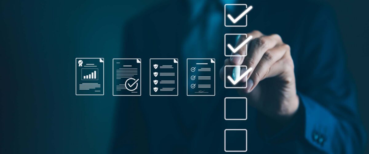 Quality Assurance and Document Control with Checklist Icons. Businessman mark off items on digital checklist, representing quality assurance and document control processes, verification and compliance