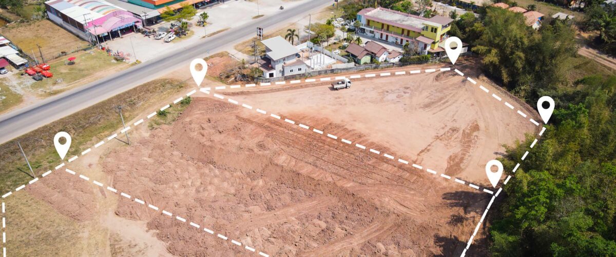 vacant land management land reclamation for land plot for building house aerial view, land pins location for housing subdivision residential development owned sale rent buy or investment home expand
