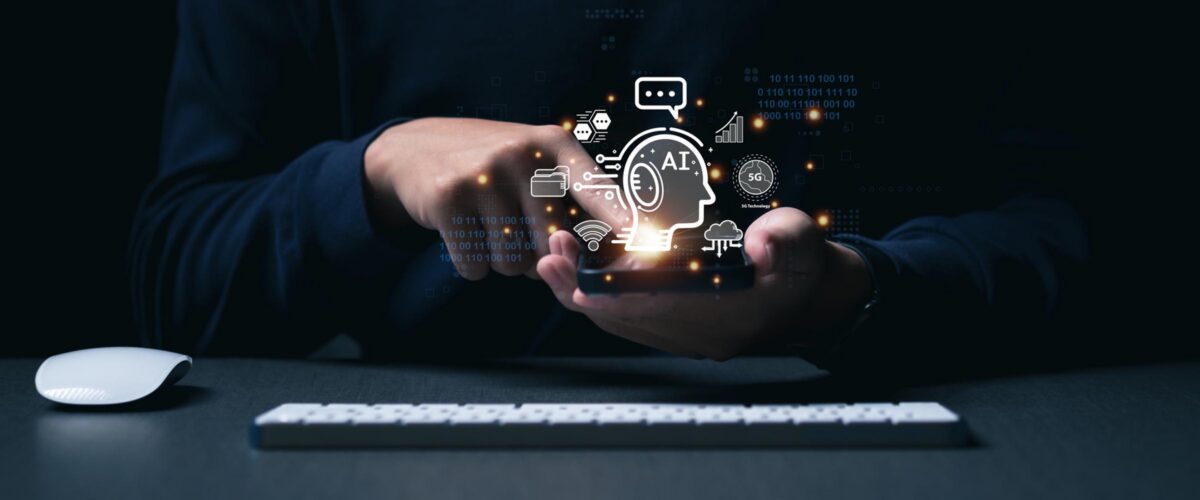 Business use AI smart technology by inputting. AI, Artificial Intelligence, Futuristic technology transformation, Chatbot, assistant, secretary.